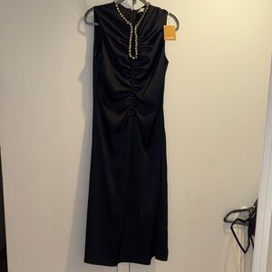 Sandro Black Midi Dress with Embellished Rhinestone Neckline